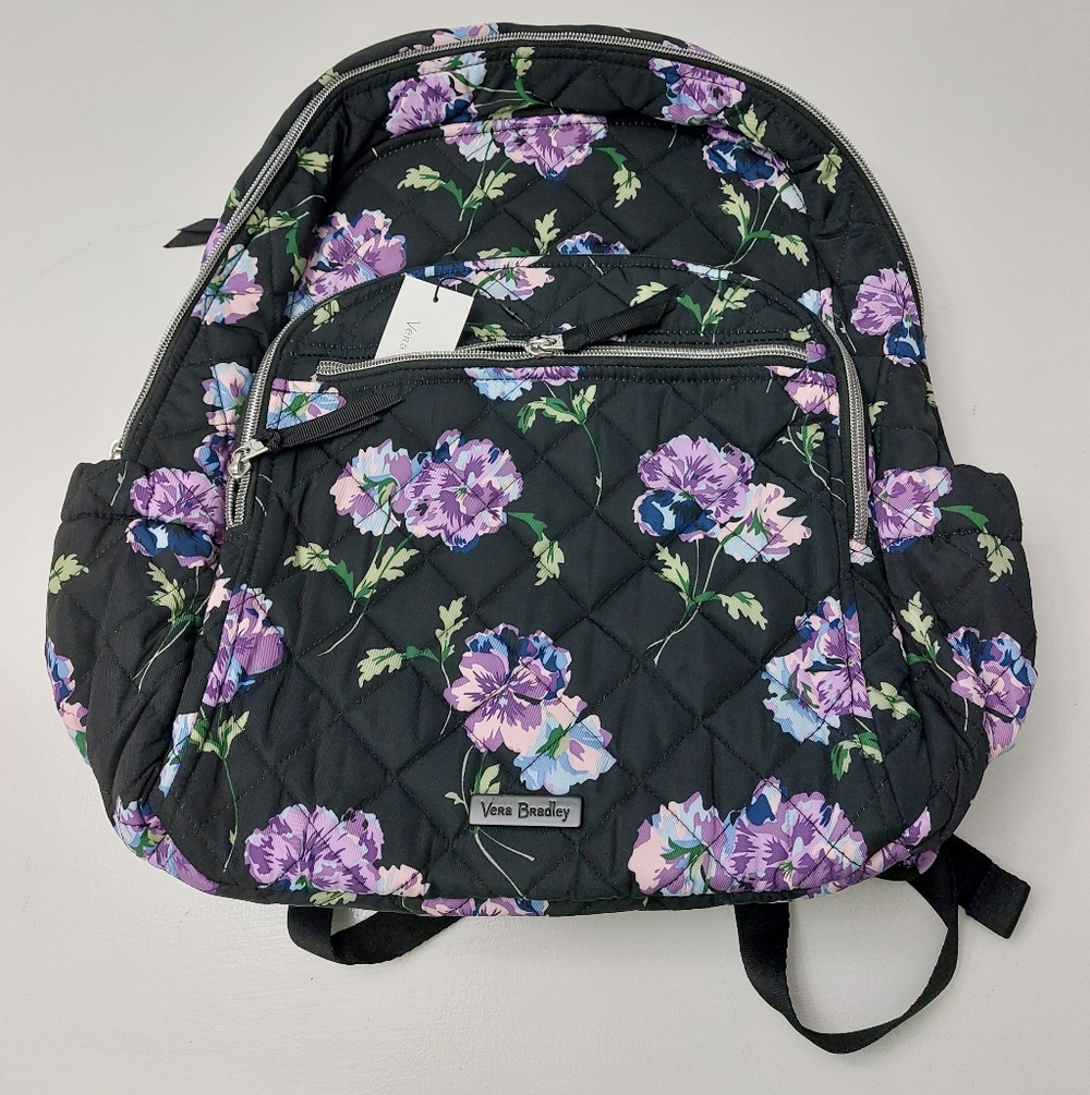 Vera Bradley Performance Twill Campus Backpack Floating Plum Pansies NWOT